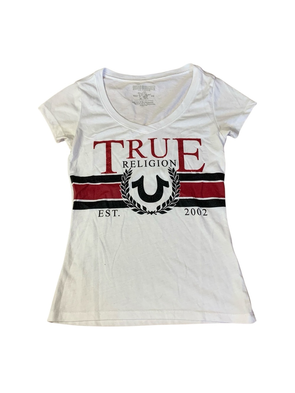 True Religion White V-Neck Graphic Tee - Size XXS - Y2K Style